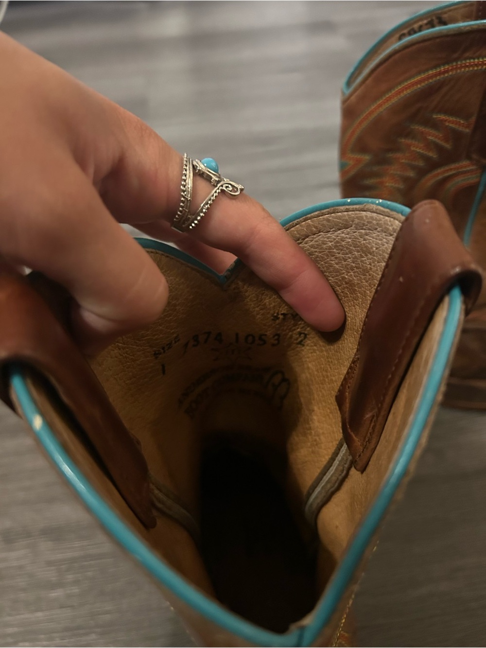 Anderson Bean Brown Kids Cowboy Boots with Turquoise Piping( left side sizing)